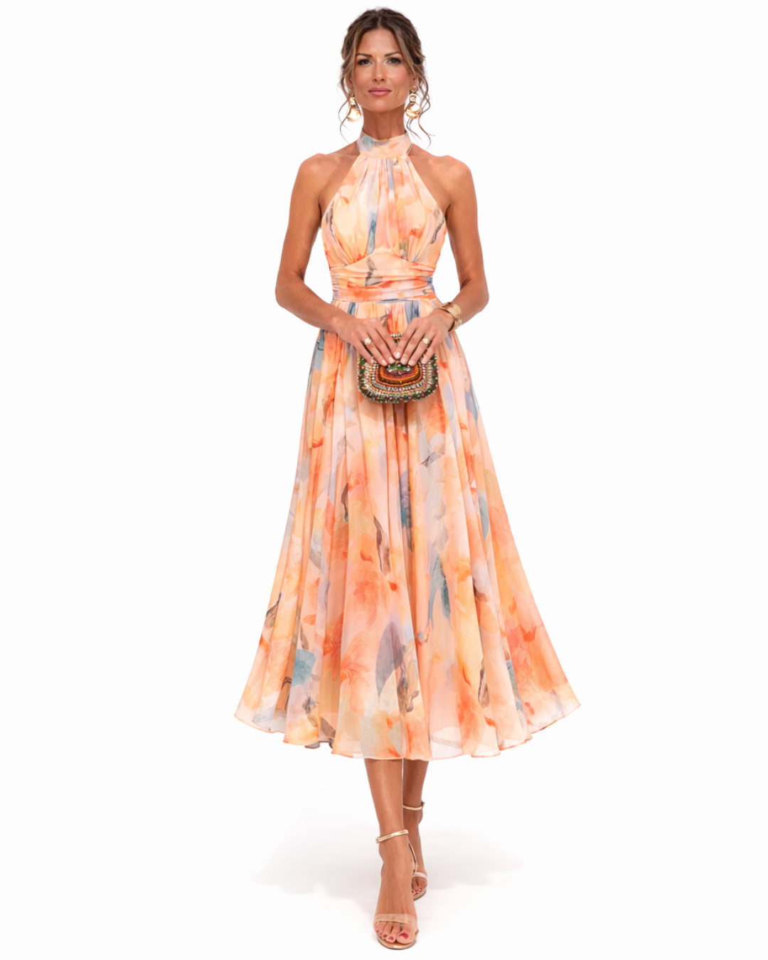 Aurora – Dress with Halter Neckline and Watercolour Print