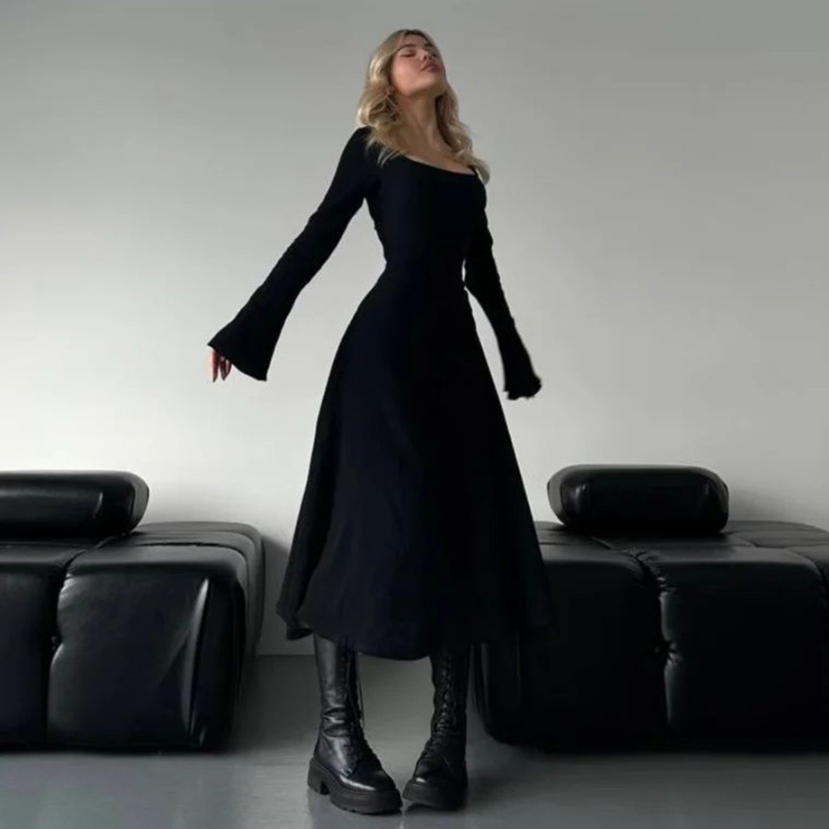 CILICIA™ - Elegant Enkel Volang Långärmad Fyrkantsringad A-linje Maxiklänning