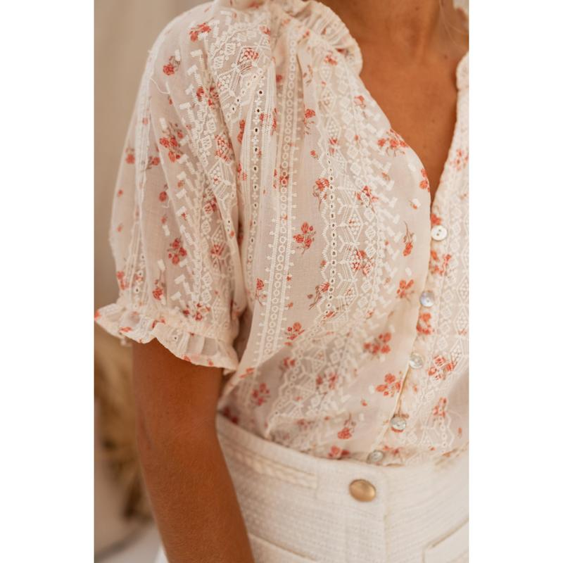 SOPHINI™ – Avslappnad Blommig Kortärmad Blus med Foder