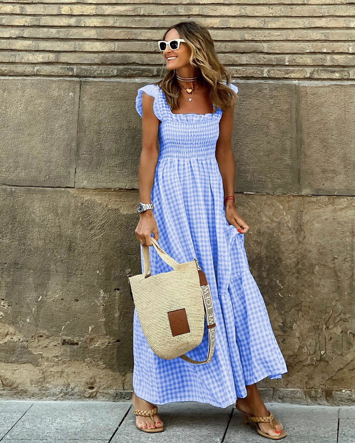 NANCY™ - Chic Retro Rutig Smockad Klänning