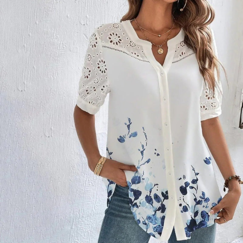 ANNELISE™ – Vardaglig blus med spets och tryck