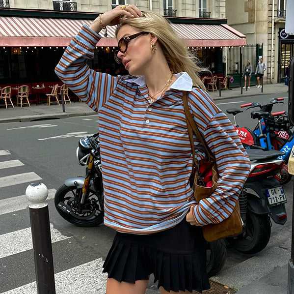 SCARLETT™ - Avslappnad Oversize Randig Kragad Topp