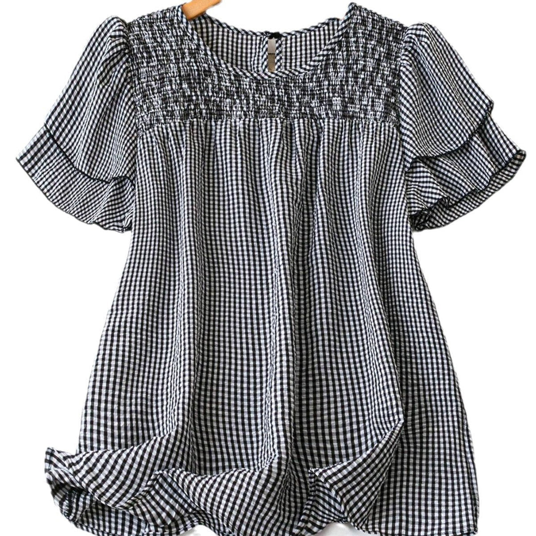 KRISTEL™ – Vintage Flödig Rutig Puffärmad Blus