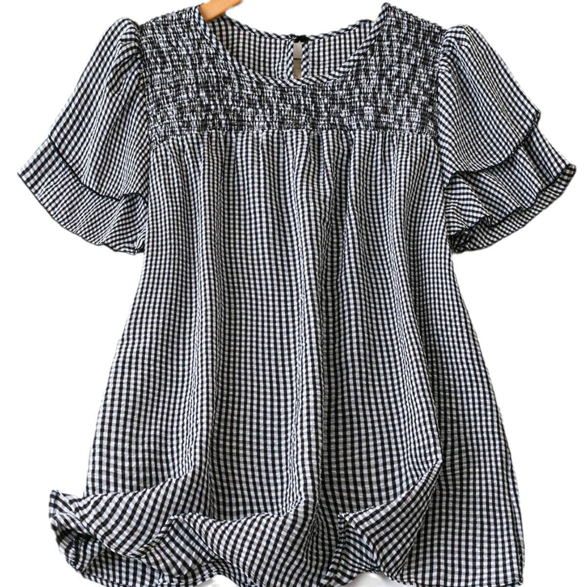 KRISTEL™ – Vintage Flödig Rutig Puffärmad Blus
