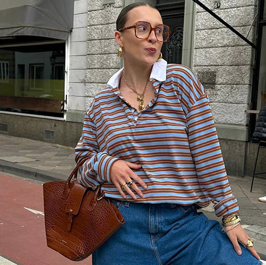 SCARLETT™ - Avslappnad Oversize Randig Kragad Topp