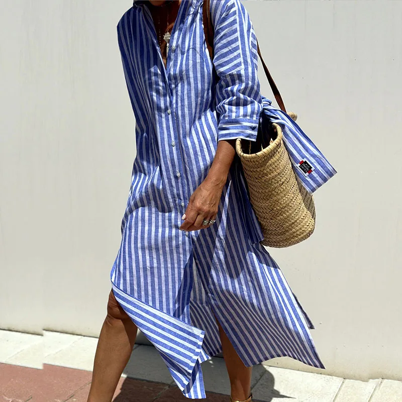 TRIXIE™ - Elegant Randig Skjortklänning