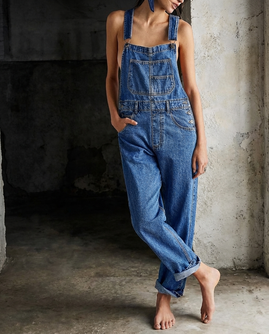 Riley | Klassisk Hakläpp Denim Hängselbyxa
