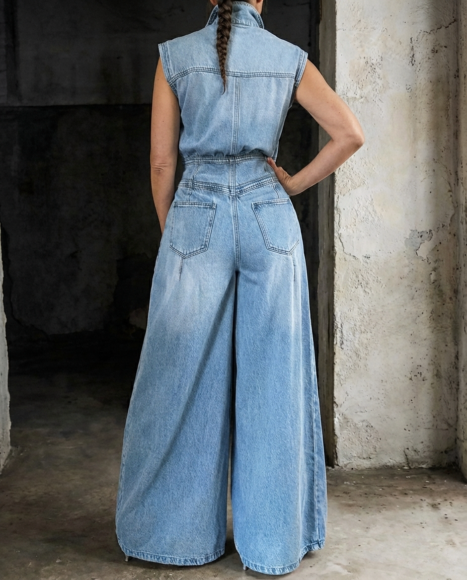 Stella | Åtsnrörd Midja Vida Ben Denimjumpsuit